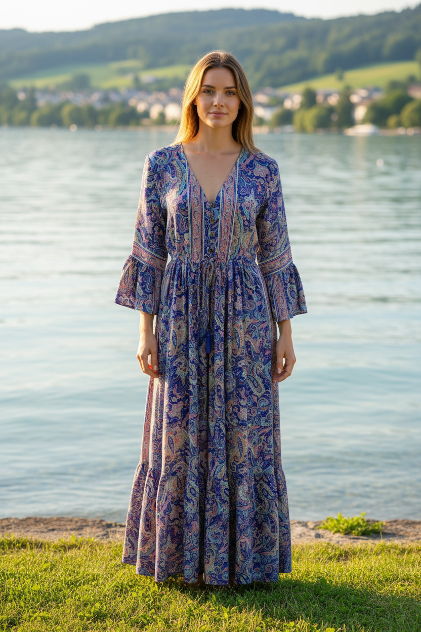 Boho Maxikleid Paisley Ethno Muster Blau/Pink/Beige – Vorderansicht