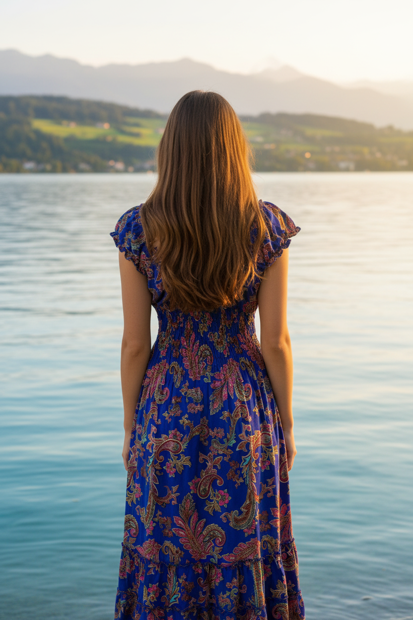 Boho Maxi Kleid Königsblau Paisley – KI Modelbild Rückenansicht Bodensee