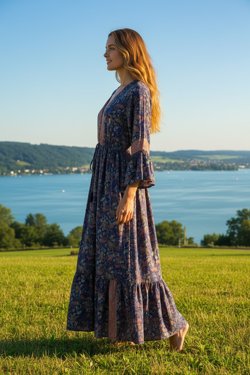 Boho Maxikleid Paisley Muster Dunkelblau/Rot/Gold – Seitenansicht