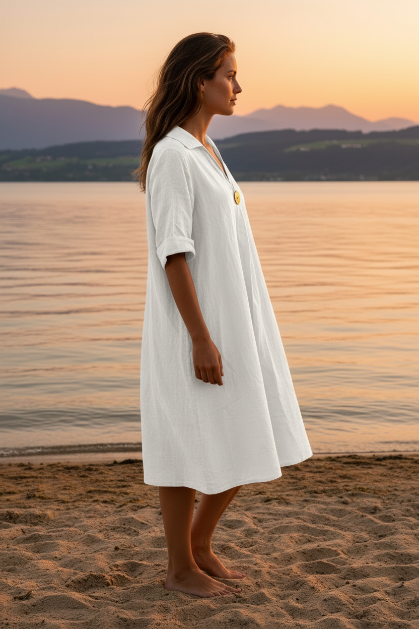 Weißes Leinenkleid – Seitenansicht Bodensee