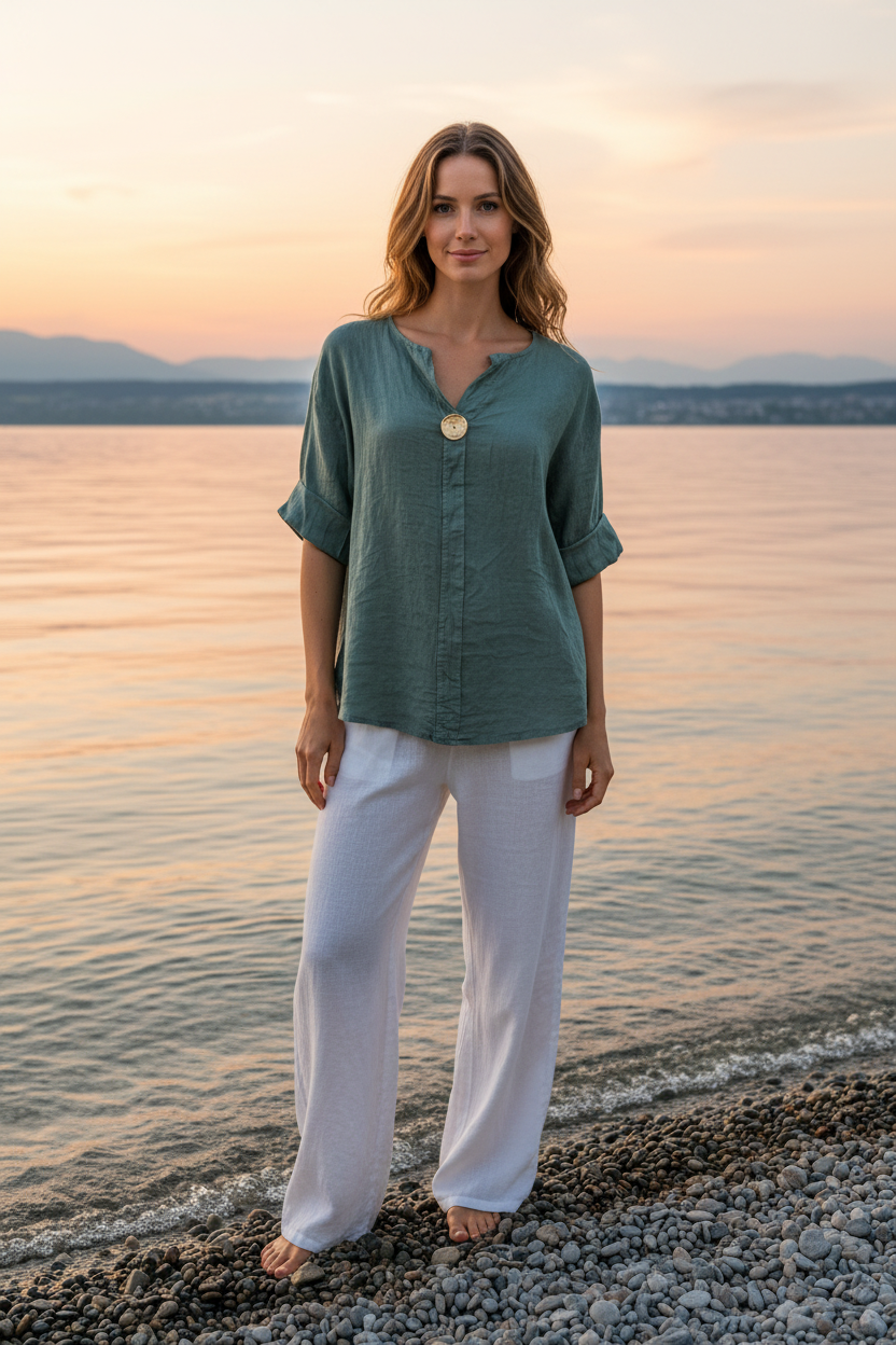 Oversize Leinenbluse Salbei Vorderansicht Bodensee
