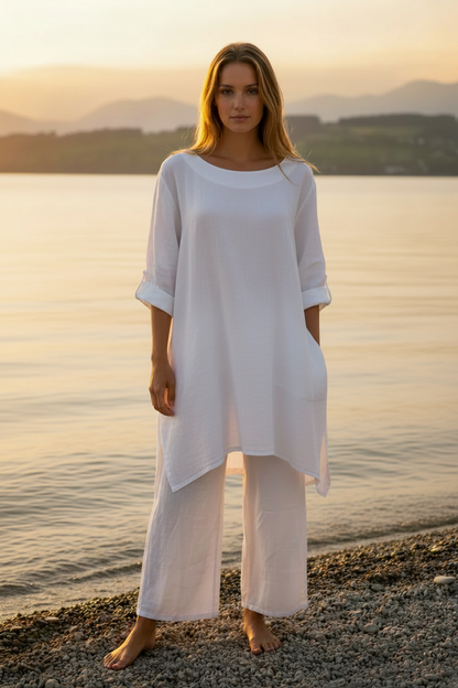 Leinen-Longshirt Weiß – Vorderansicht Bodensee