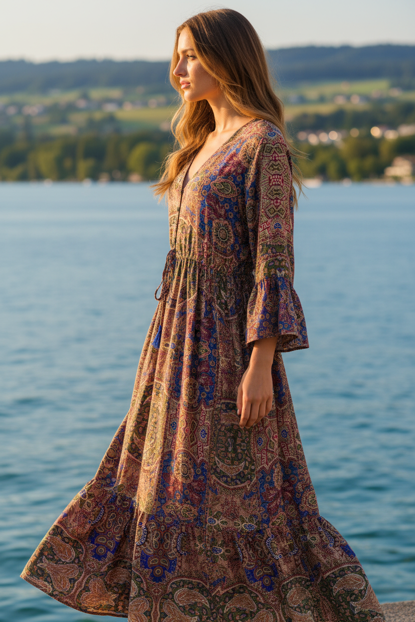 Boho Maxikleid Ethno Paisley Rot/Blau/Grün – Seitenansicht