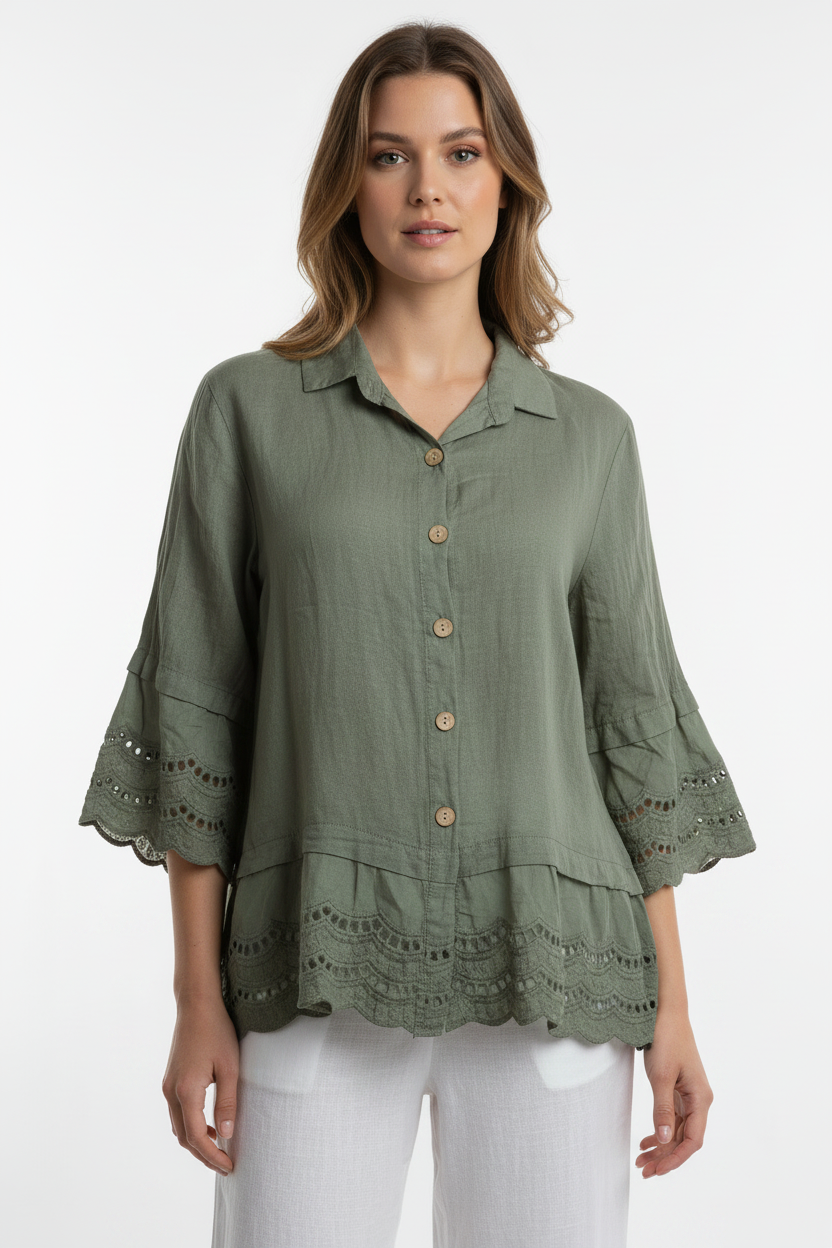 Leinen Bluse Bianca Italia Khaki – Vorderansicht