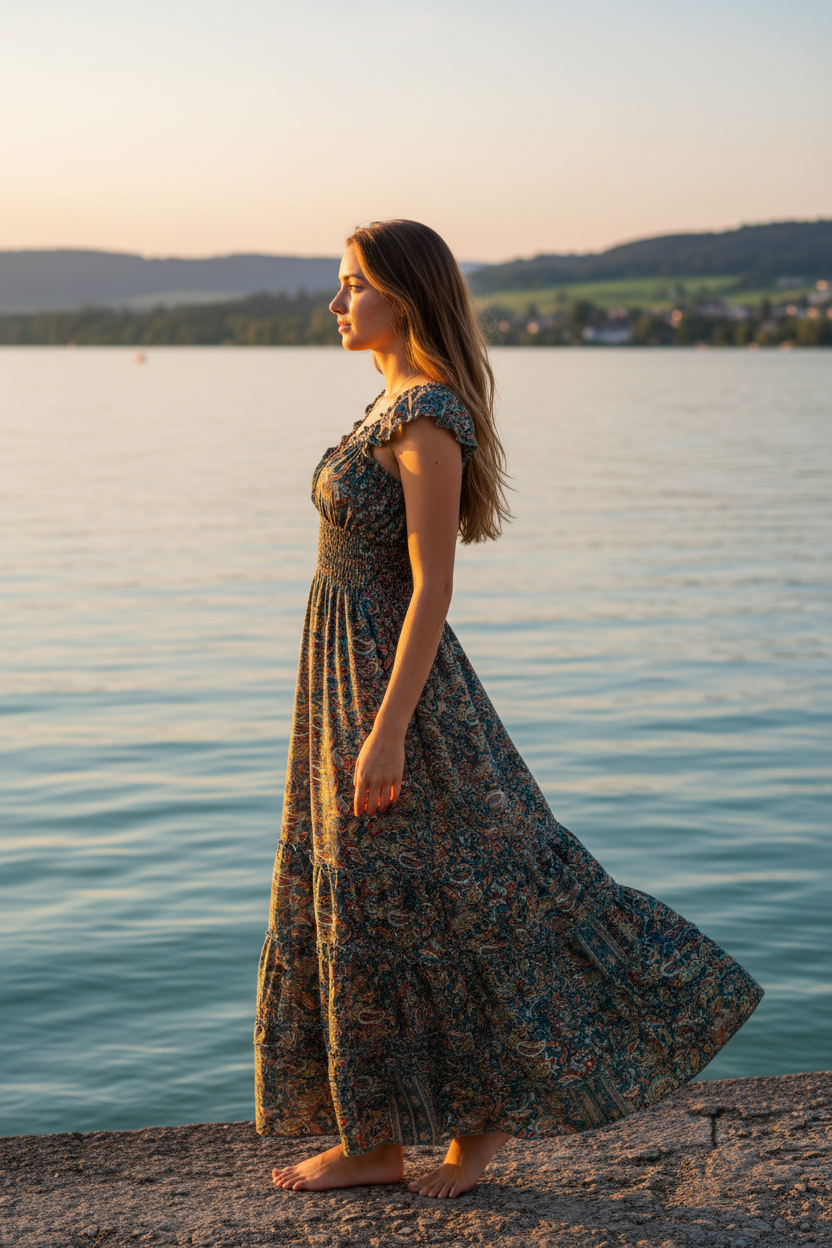 Boho Maxi Kleid Petrol Paisley – KI Modelbild Seitenansicht Bodensee