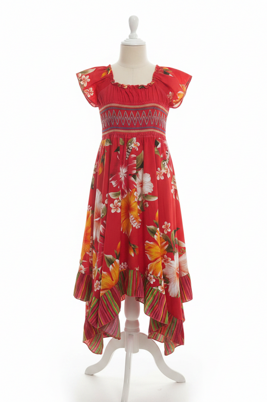 Kinder Sommerkleid 100% Baumwolle (2–12 Jahre) Rot mit buntem Blumenprint