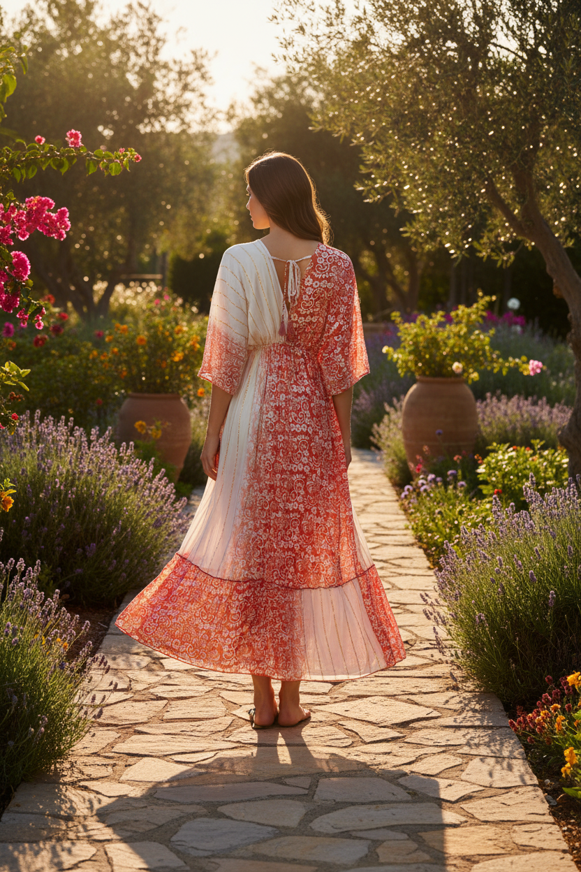Korallrot/Creme Patchwork Maxi – Rückansicht Garten