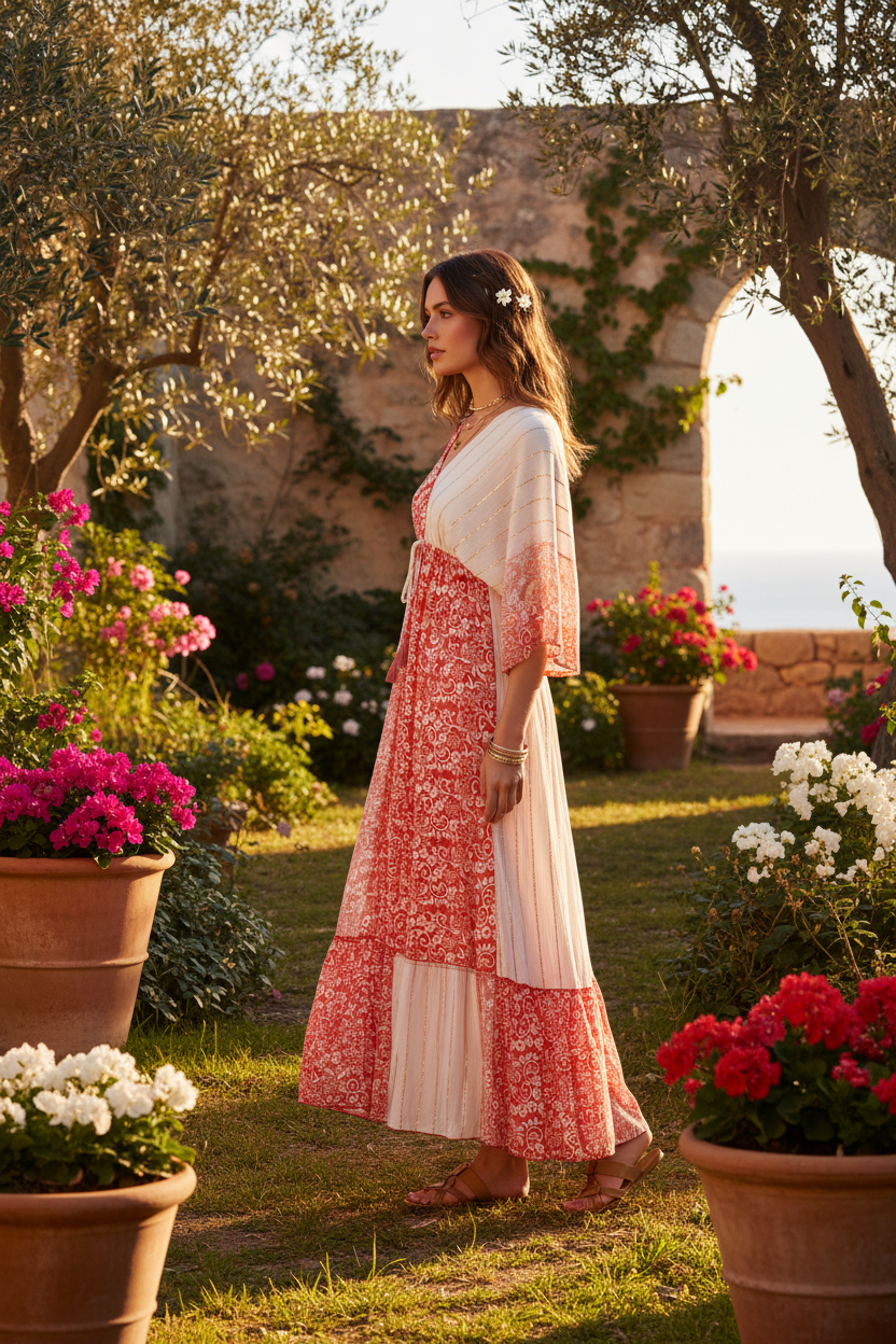 Korallrot/Creme Patchwork Maxi – Seitenansicht