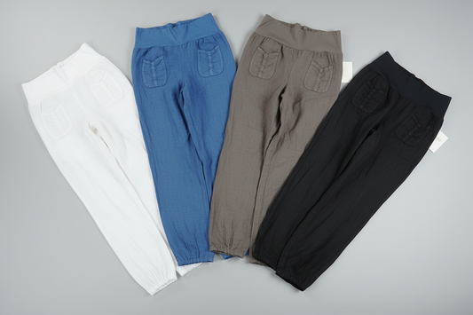Sommerhose 100% Leinen – Breiter Elastikbund, Ballon-Schnitt, dekorative Taschen