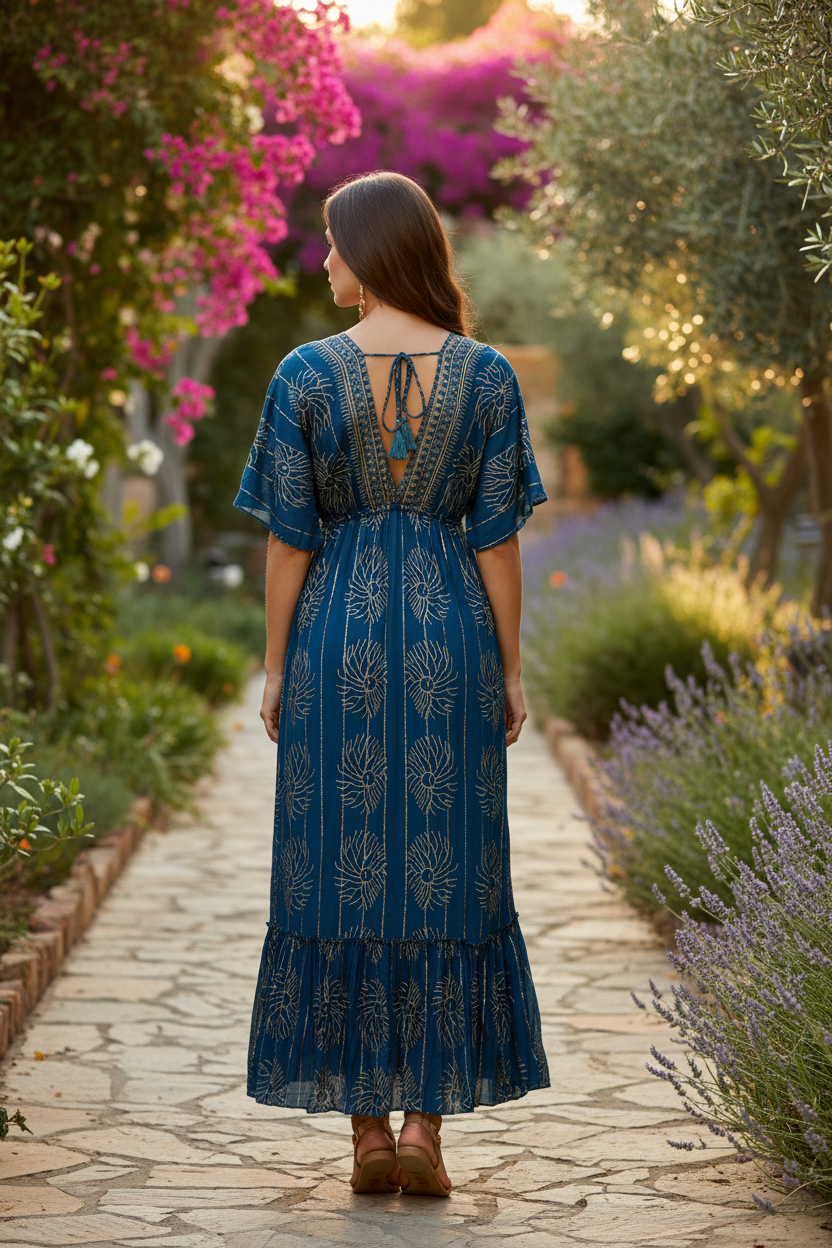 Teal/Gold Pfauenfeder Maxi – Rückansicht